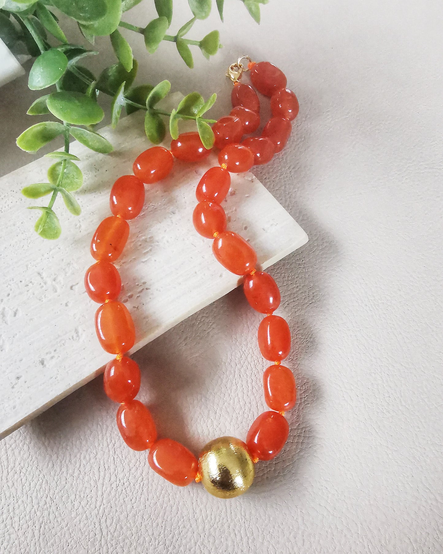 Orange Statement Chalcedony Necklace with a single gold brushed bead.
