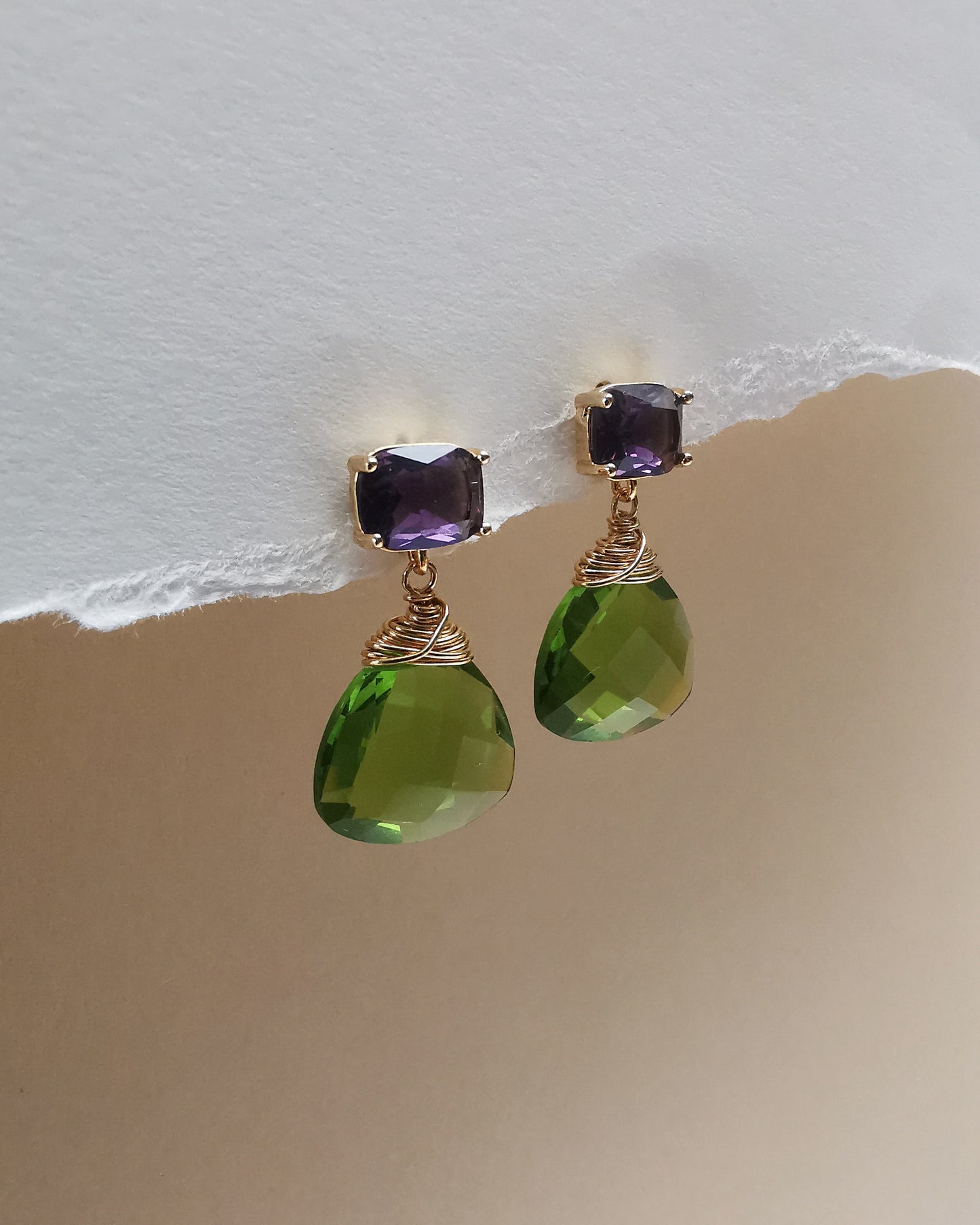 Purple and Peridot Trillion Gemstone Drop