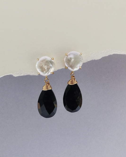 Pearl Stud Earrings with Hand-Wrapped Black Onyx Drop