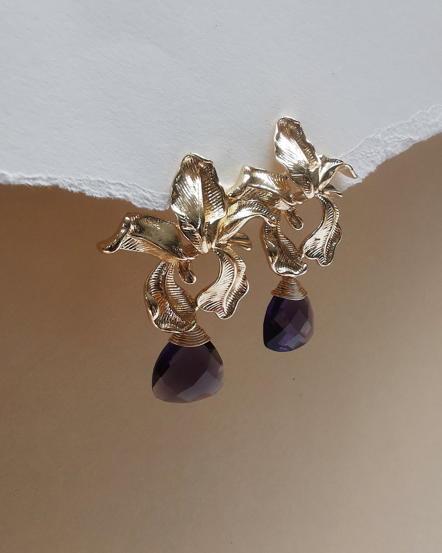 Orchid Flower Earrings with Amethyst Trillion Gemstone