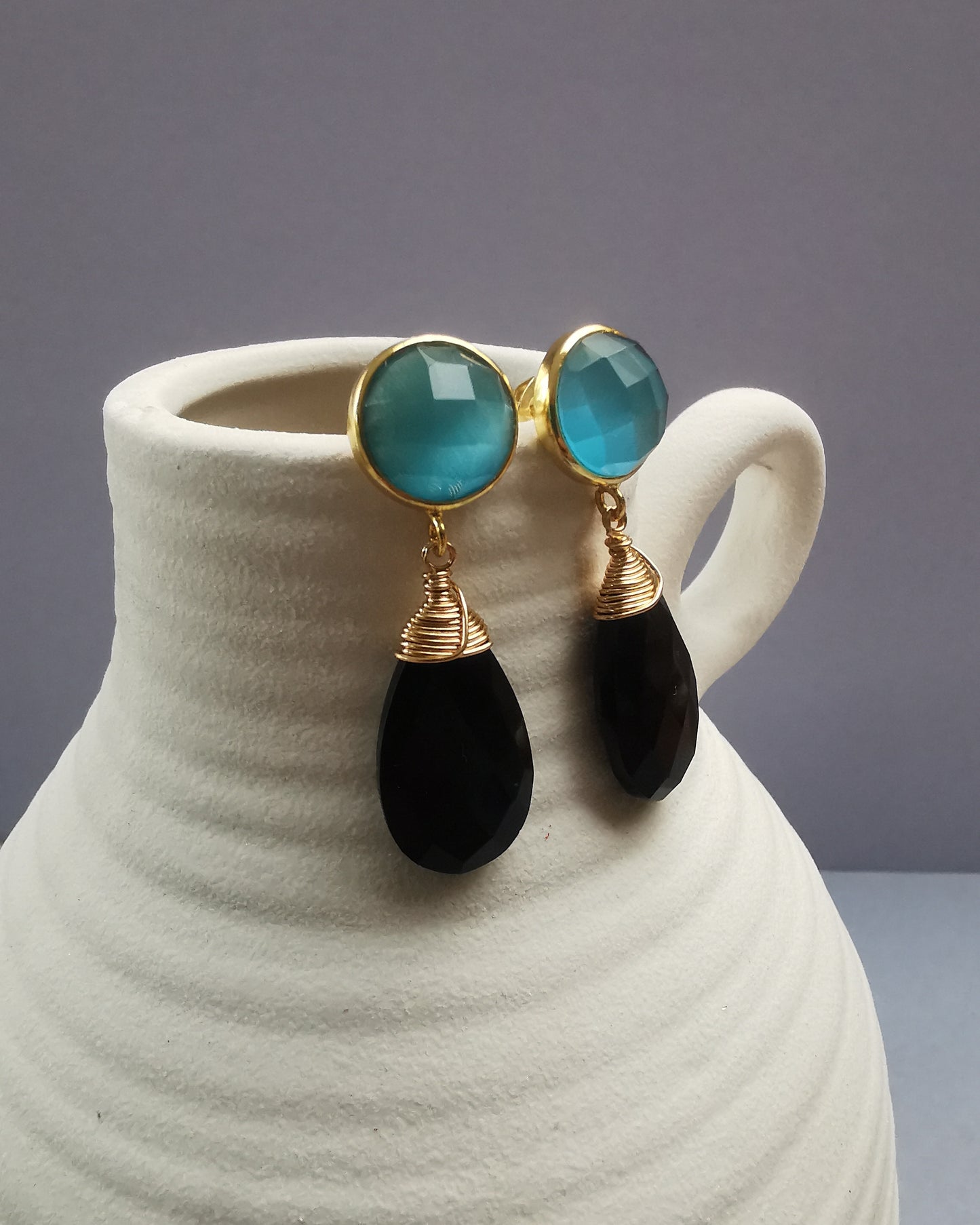 Blue Monalisa Studs with Black Onyx Teardrop Drop