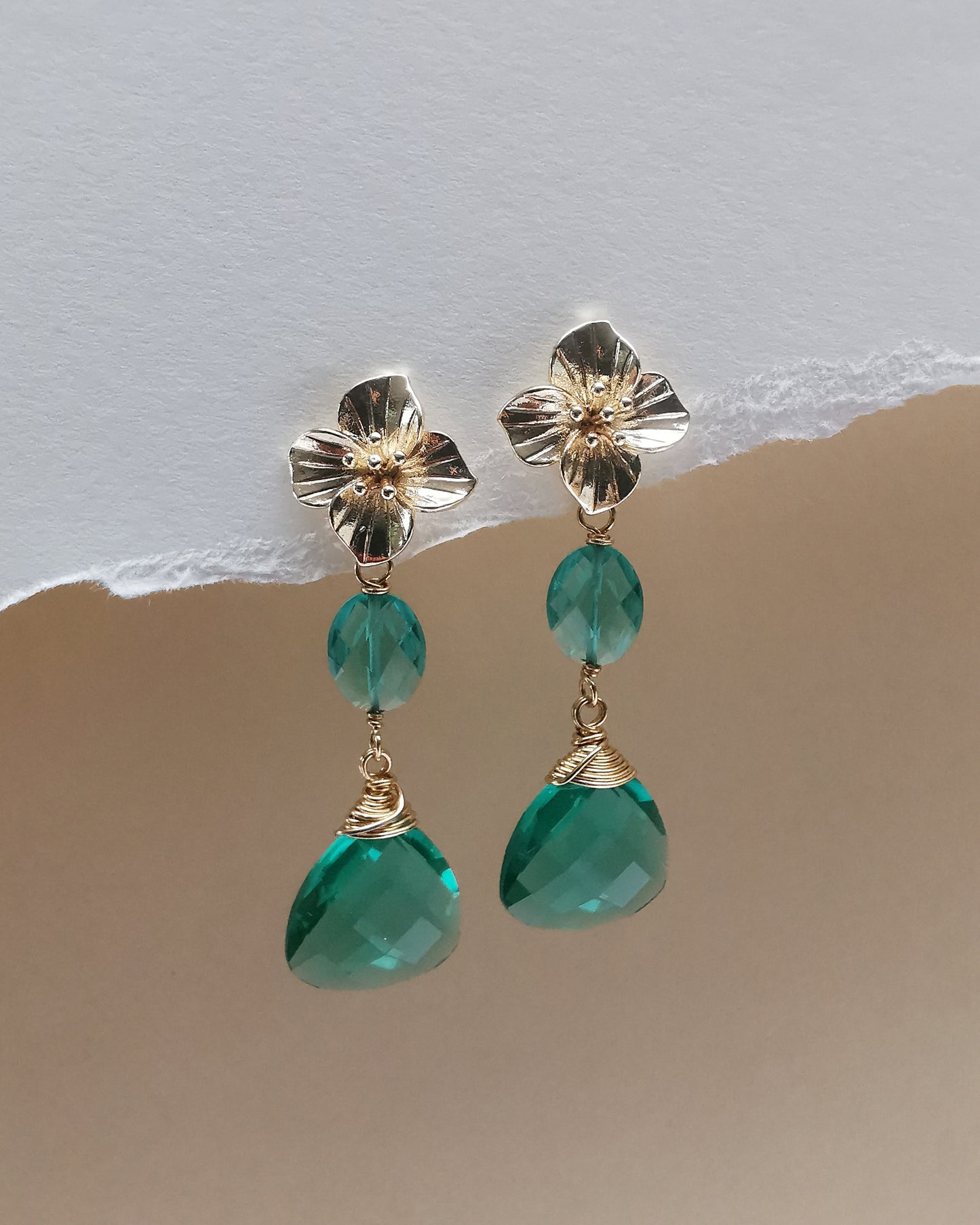 Floral Stud Earrings with Caribbean Green Iolite Drops