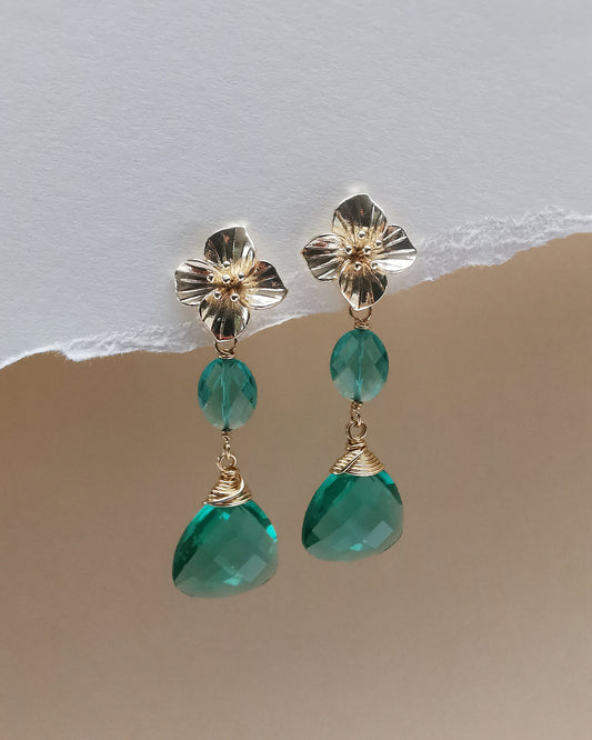 Floral Stud Earrings with Caribbean Green Iolite Drops