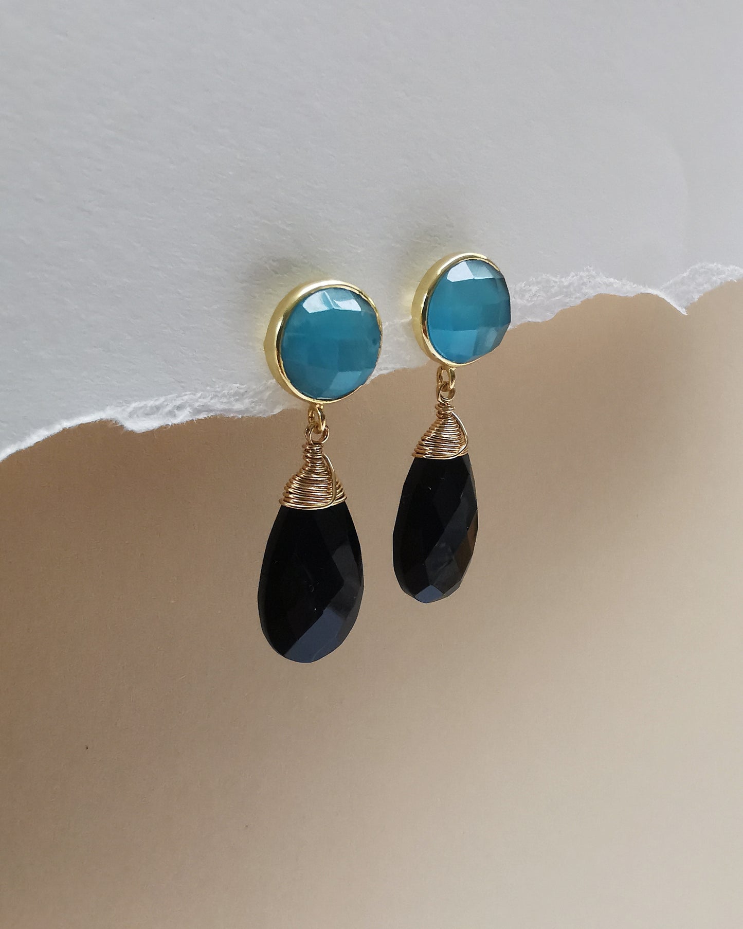 Blue Monalisa Studs with Black Onyx Teardrop Drop
