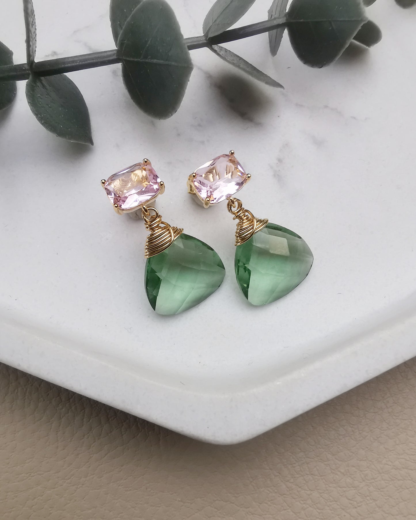 Pink Crystal and Green Amethyst Trillion Gemstone Stud Earrings