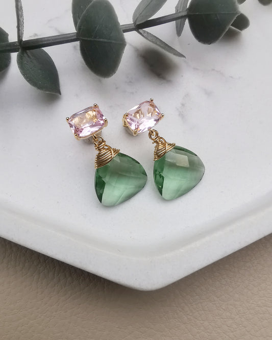 Pink Crystal and Green Amethyst Trillion Gemstone Stud Earrings