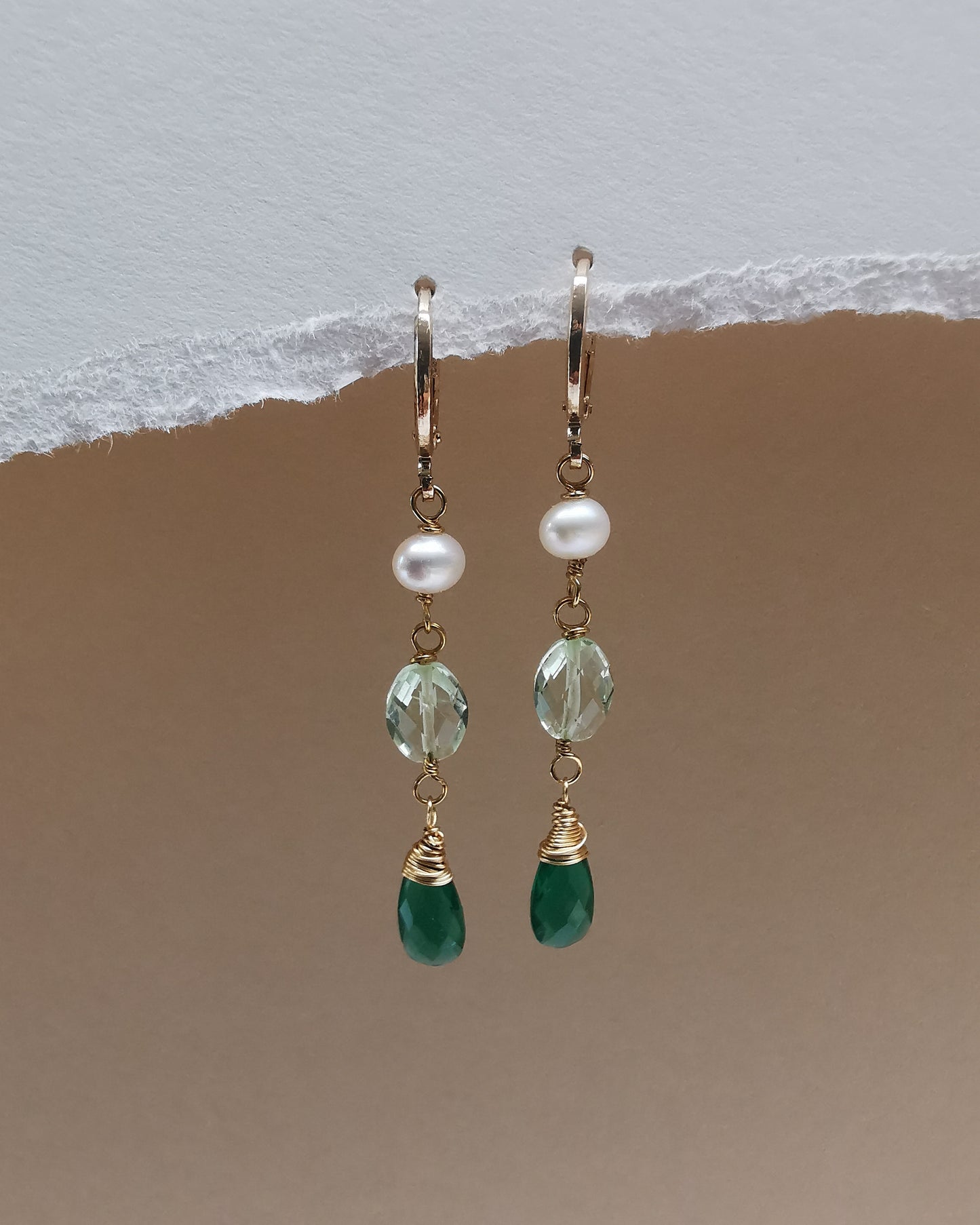 Long Drop Dainty Gemstone Earrings with Pearls, Green Amethyst & Green Onyx