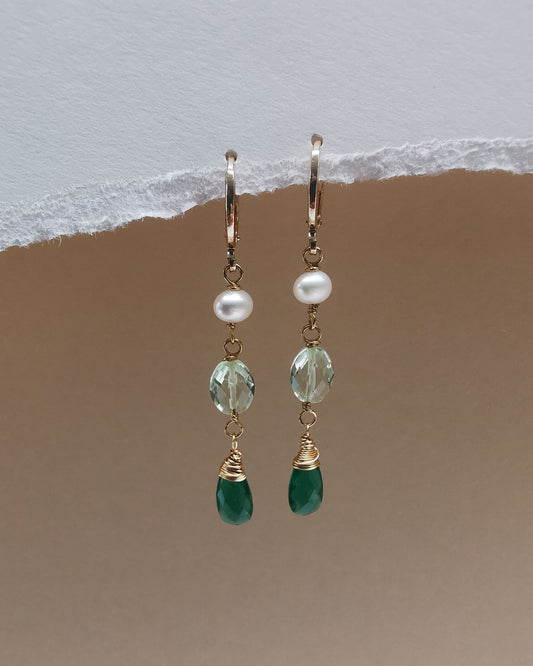 Long Drop Dainty Gemstone Earrings with Pearls, Green Amethyst & Green Onyx