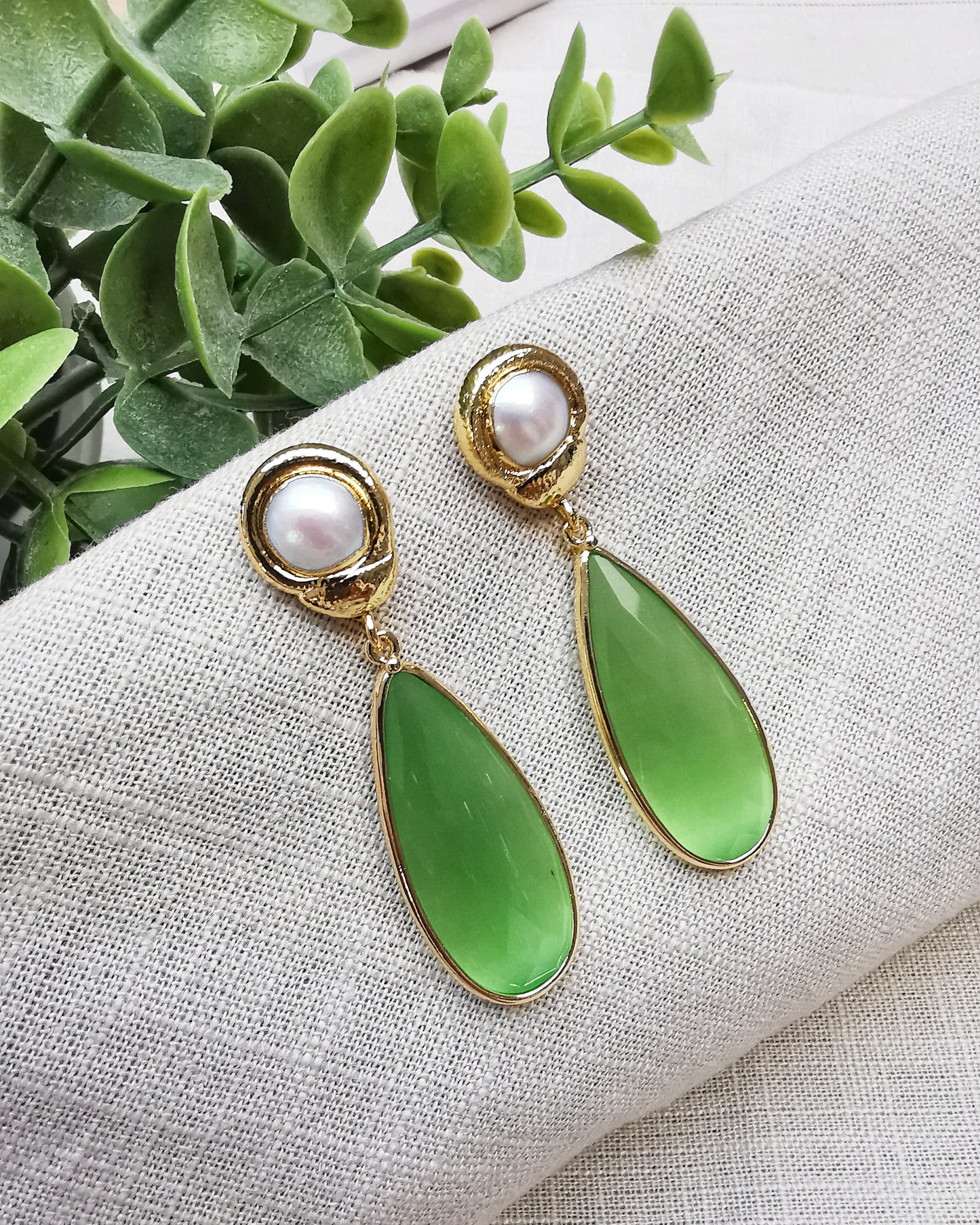 Apple Green Monalisa Statement Earrings with Freshwater Pearls - LIMITED EDITION