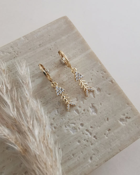 Fish Bone Charm Earrings with Cubic Zirconia Accents.
