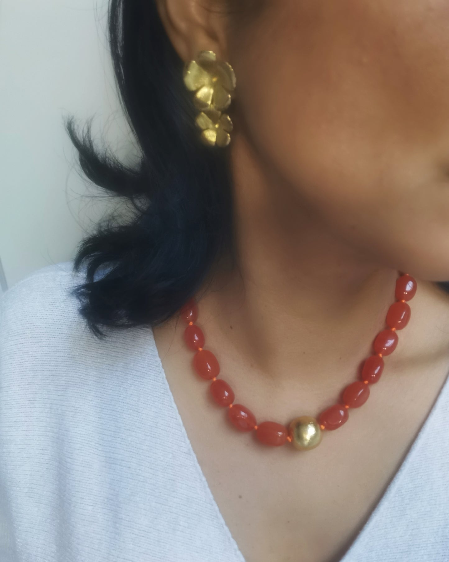 Orange Statement Chalcedony Necklace with a single gold brushed bead.