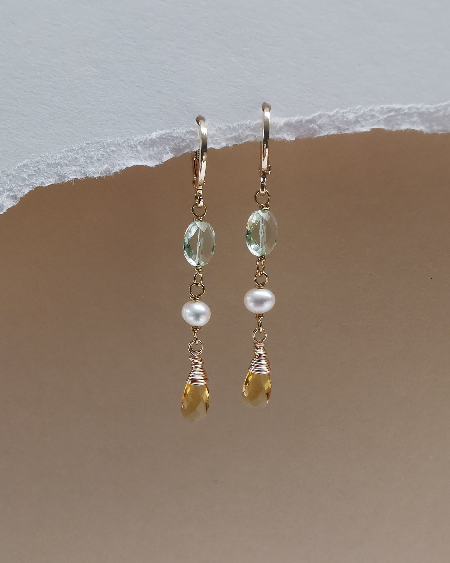 Long Drop Dainty Gemstone Earrings with Pearls, Green Amethyst & Citrine