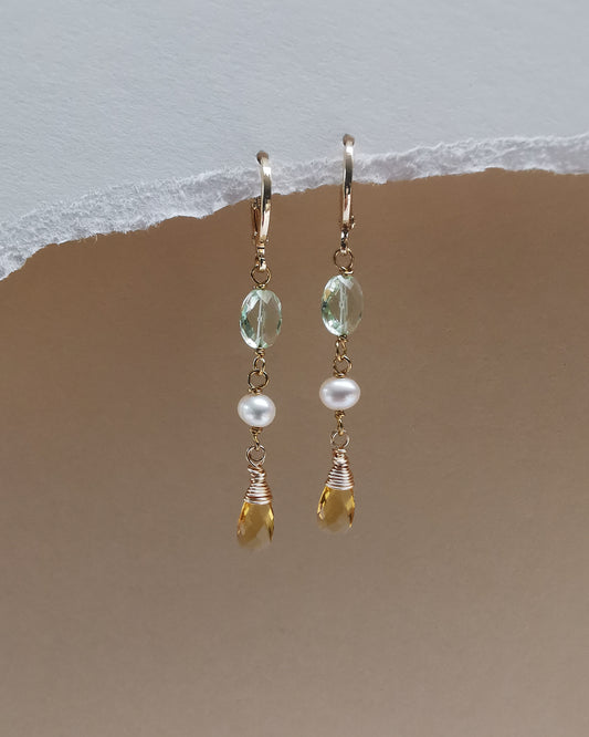 Long Drop Dainty Gemstone Earrings with Pearls, Green Amethyst & Citrine