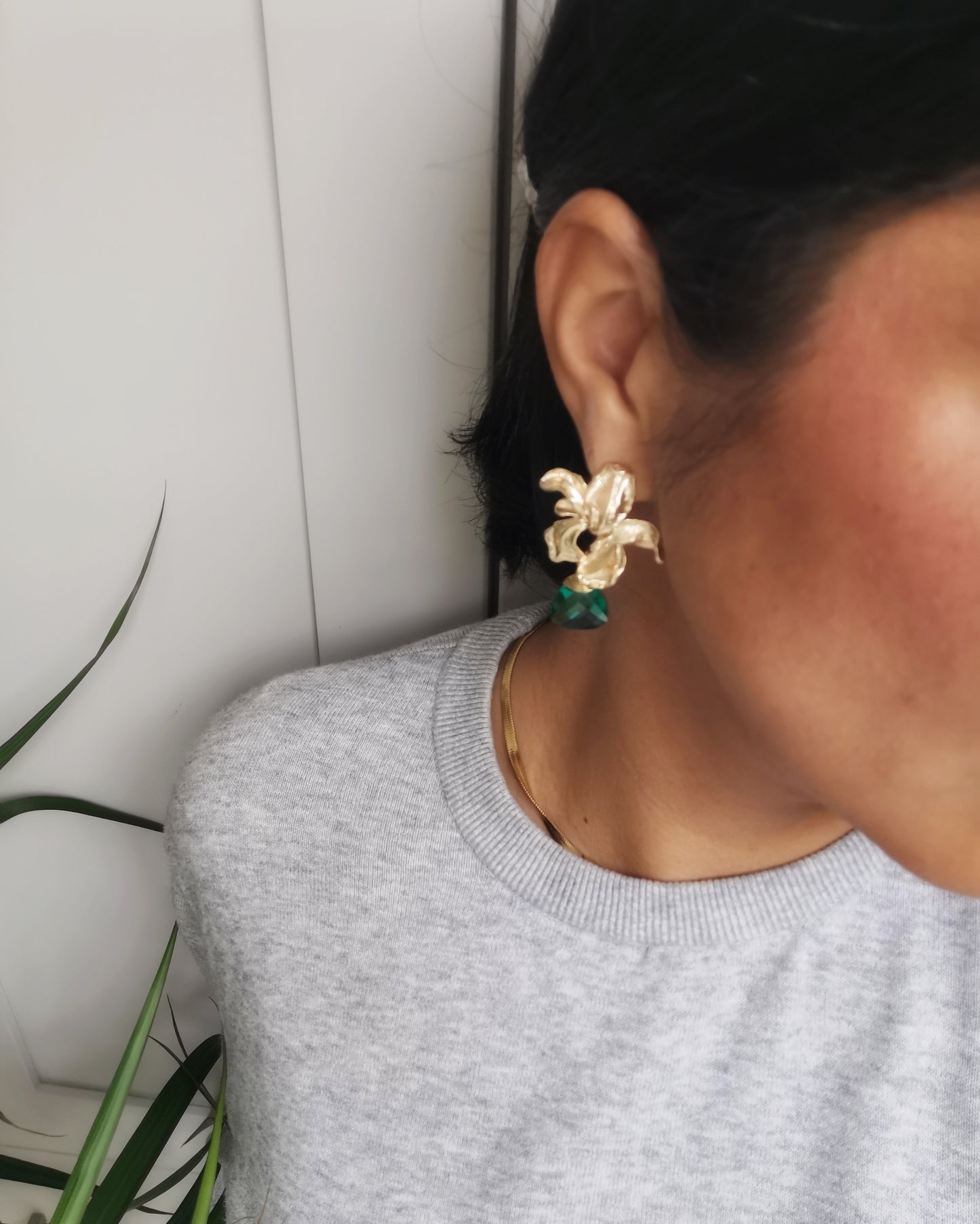 Orchid Flower Earrings with Caribbean Green Iolite