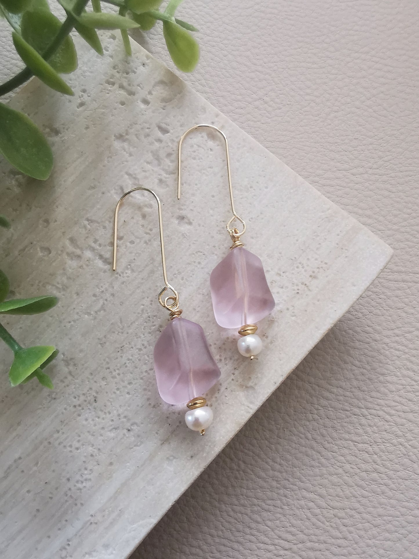 IVANNA - Ice Pink Long Drop Earrings with Irregular Cut Matte Crystal & Pearl Accent.
