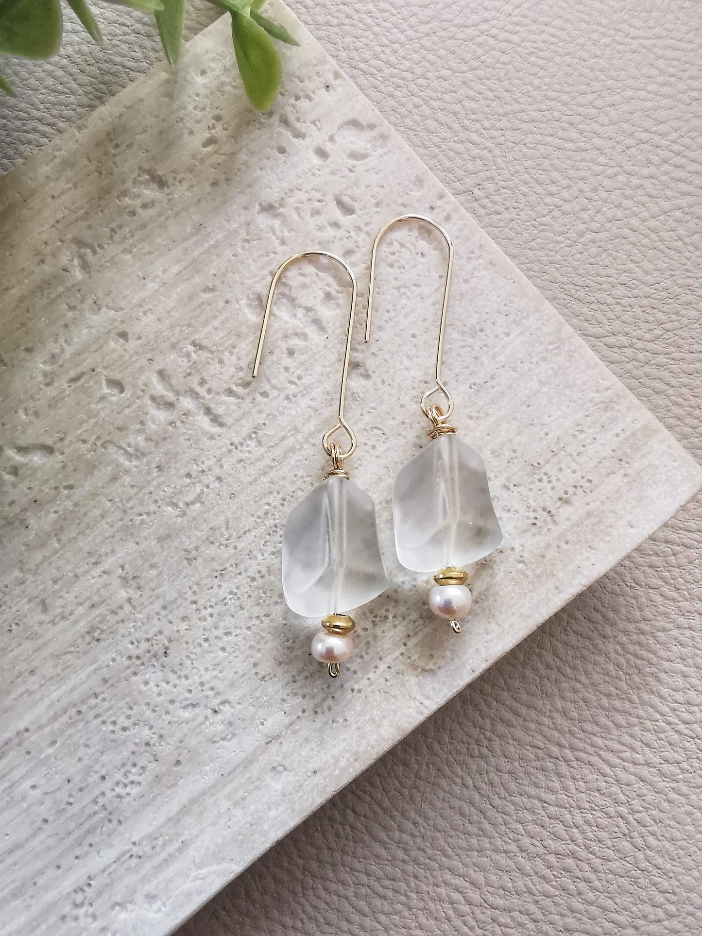 IVANNA - Ice Menta Long Drop Earrings with Irregular Cut Matte Crystal & Pearl Accent.