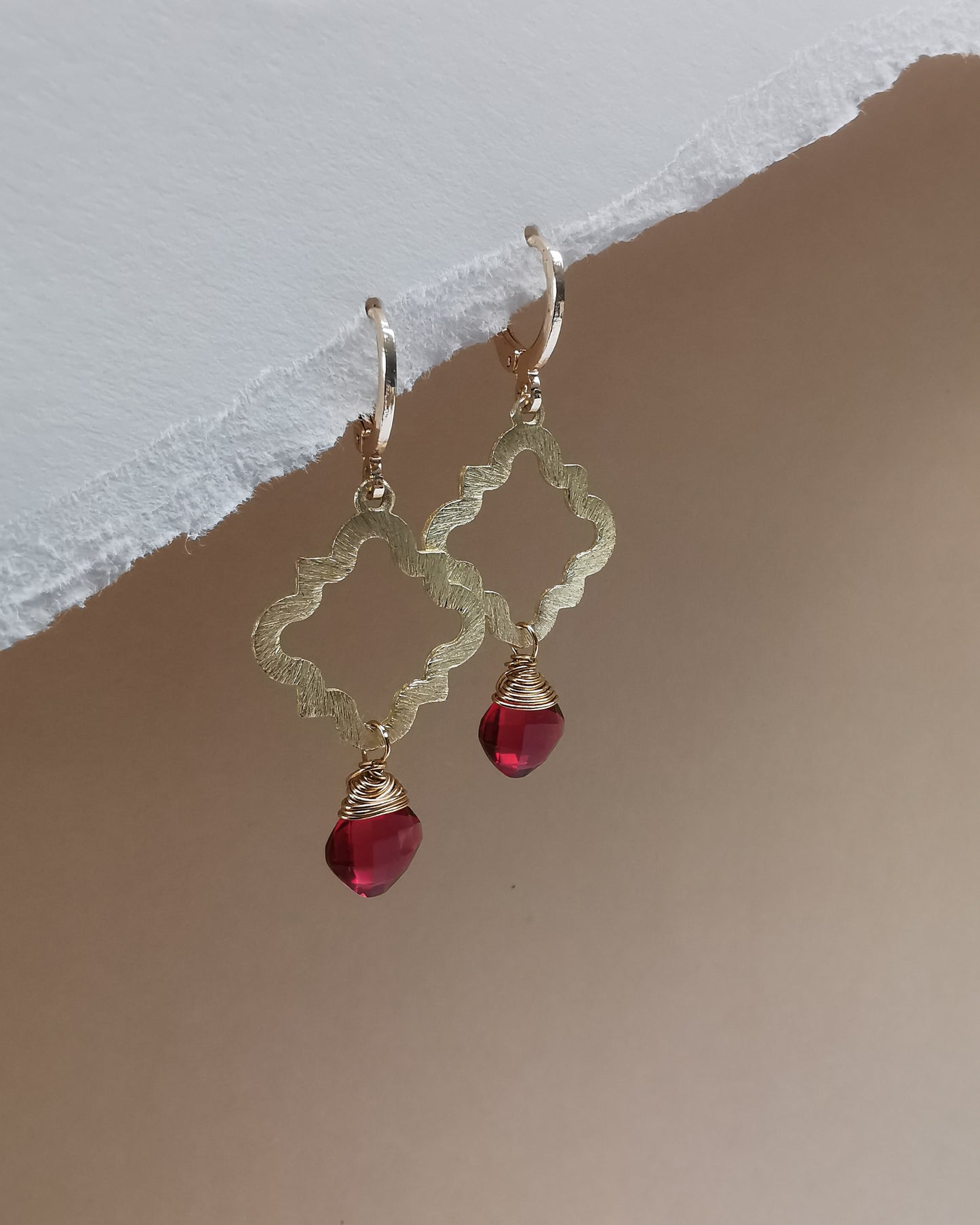 Gold Brushed Geometric Earrings with Red Quartz