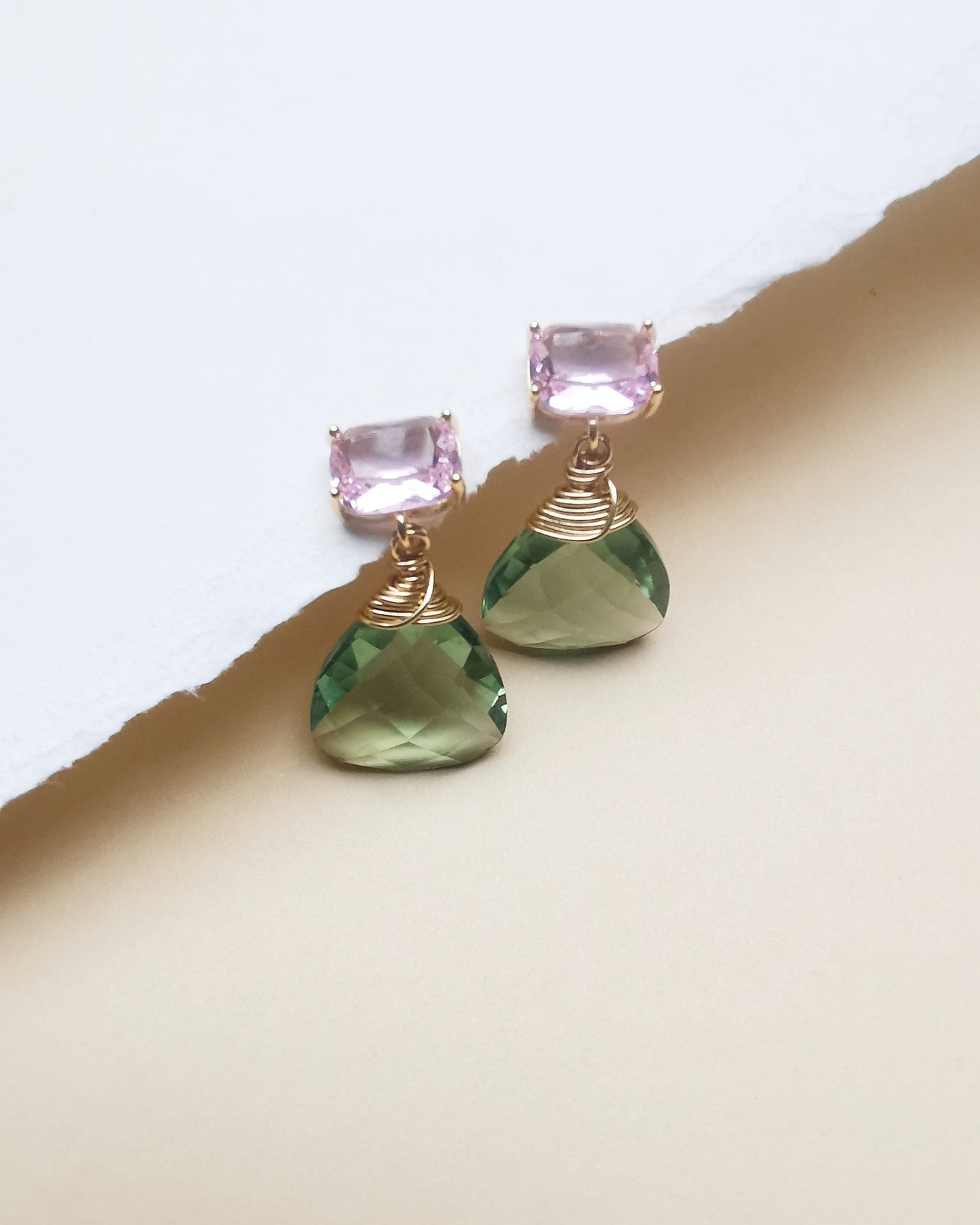 Pink Crystal and Green Amethyst Trillion Gemstone Stud Earrings