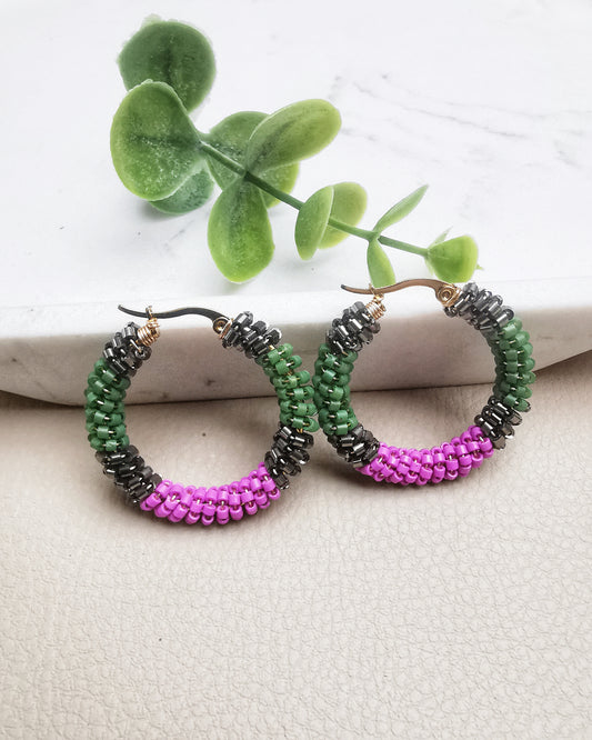 Hand-Wrapped Seed Bead Hoop Earrings Green and Purple.