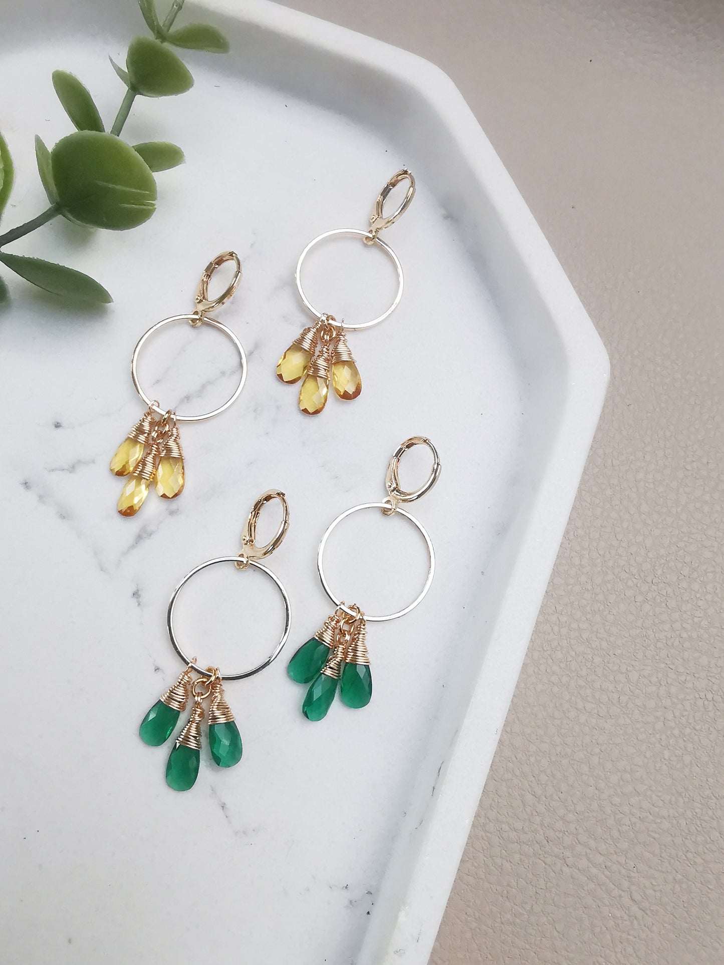 Green Onyx Triple-Drop Gemstone Hoop Earrings