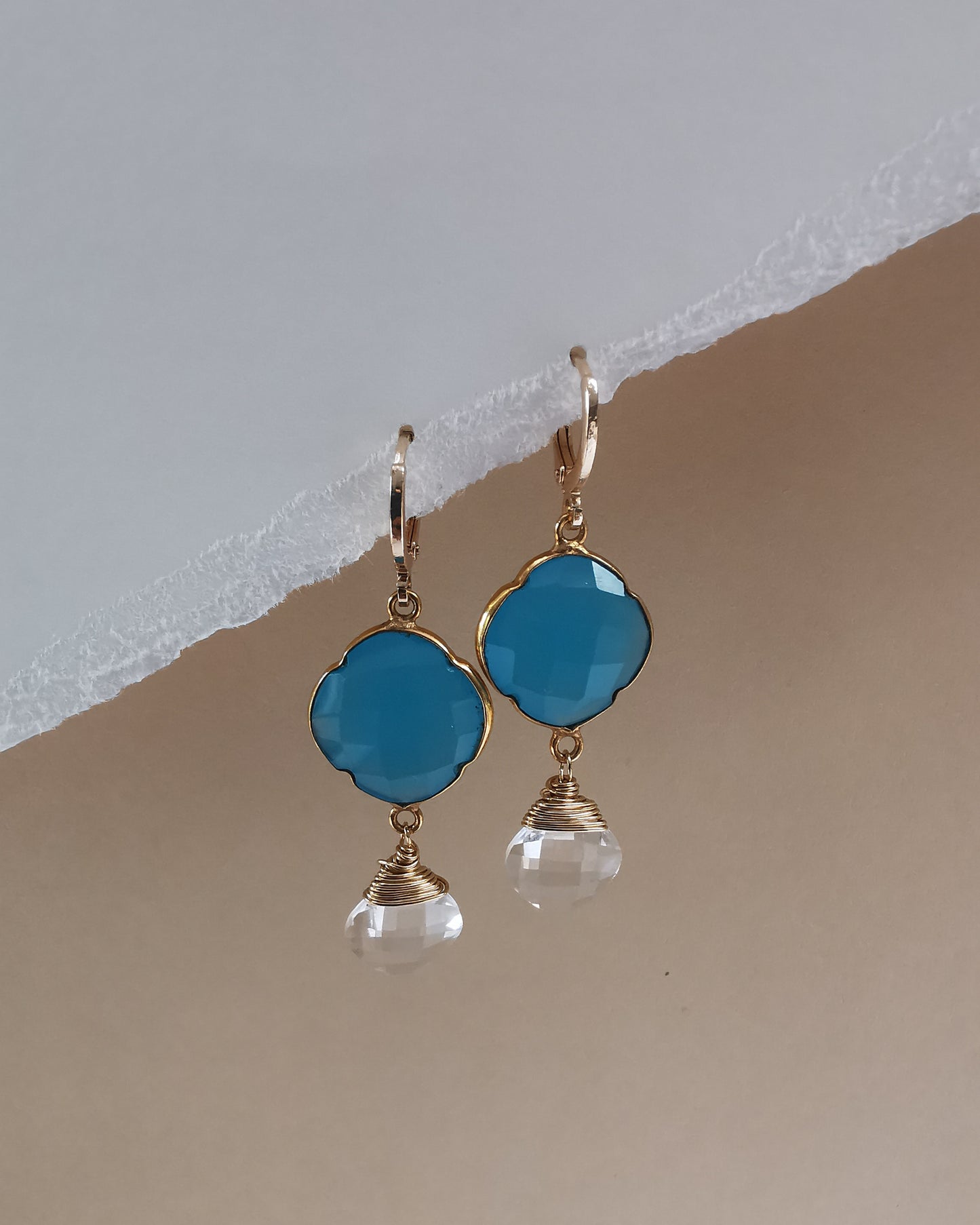 Blue Chalcedony Clover Earrings with Clear Quartz Drop