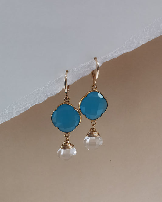 Blue Chalcedony Clover Earrings with Clear Quartz Drop