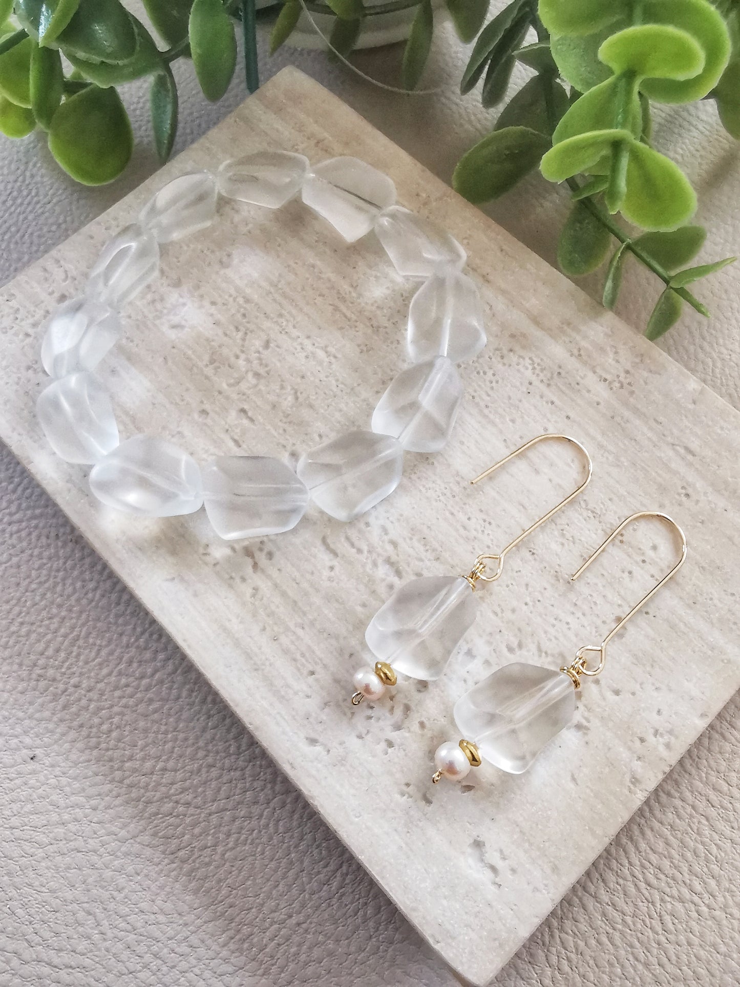 IVANNA - Ice Menta Long Drop Earrings with Irregular Cut Matte Crystal & Pearl Accent.