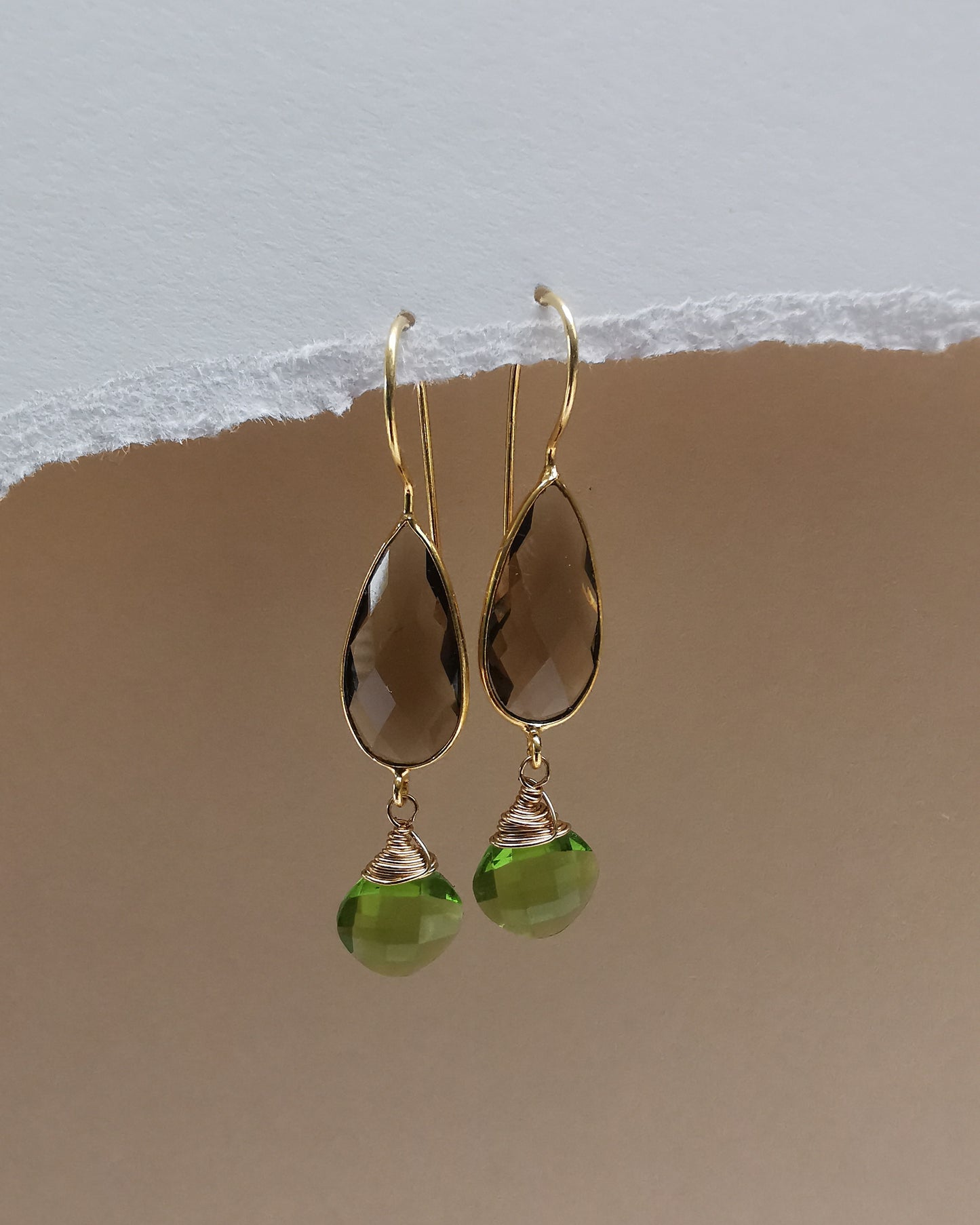 Smoky Quartz Teardrop Earrings with Peridot.