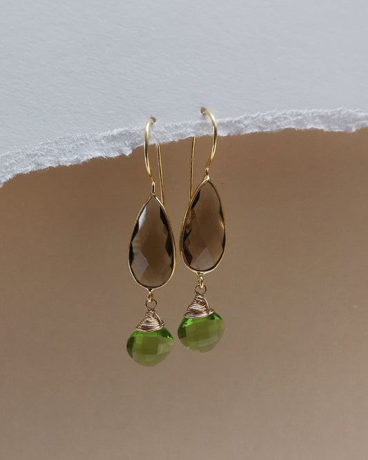 Smoky Quartz Teardrop Earrings with Peridot.