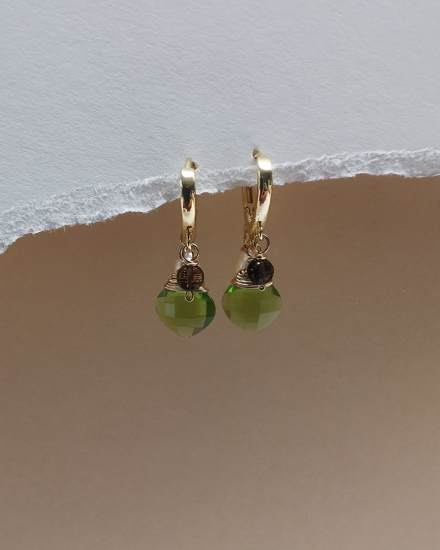 Marquise Huggie Hoop Earrings with Pearls, Peridot & Smoky Quartz