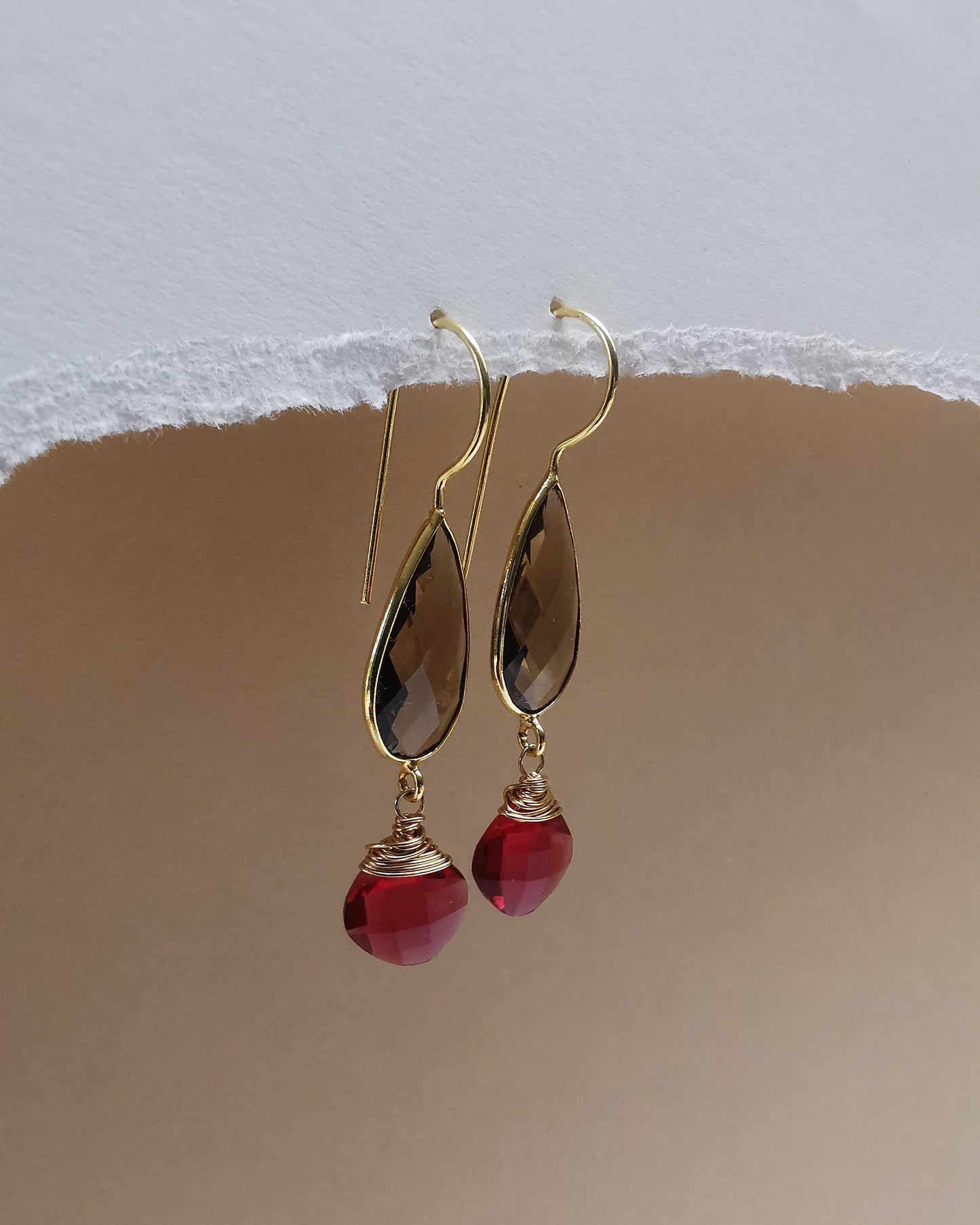 Smoky Quartz Teardrop Earrings with Red Quartz
