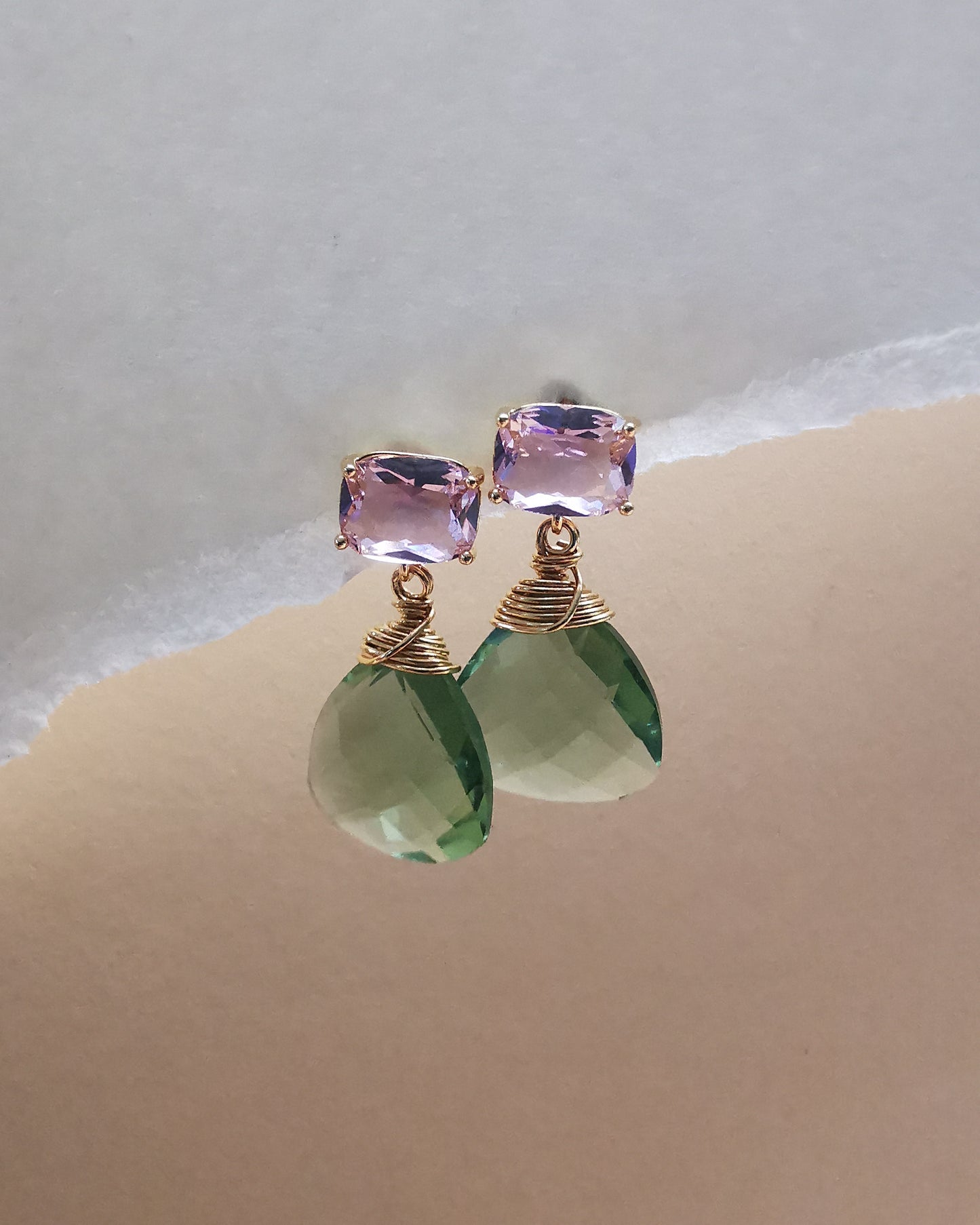 Pink Crystal and Green Amethyst Trillion Gemstone Stud Earrings