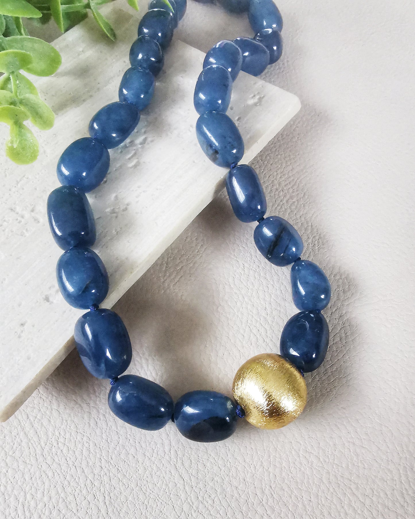 Navy Statement Chalcedony Necklace with a single gold brushed bead.