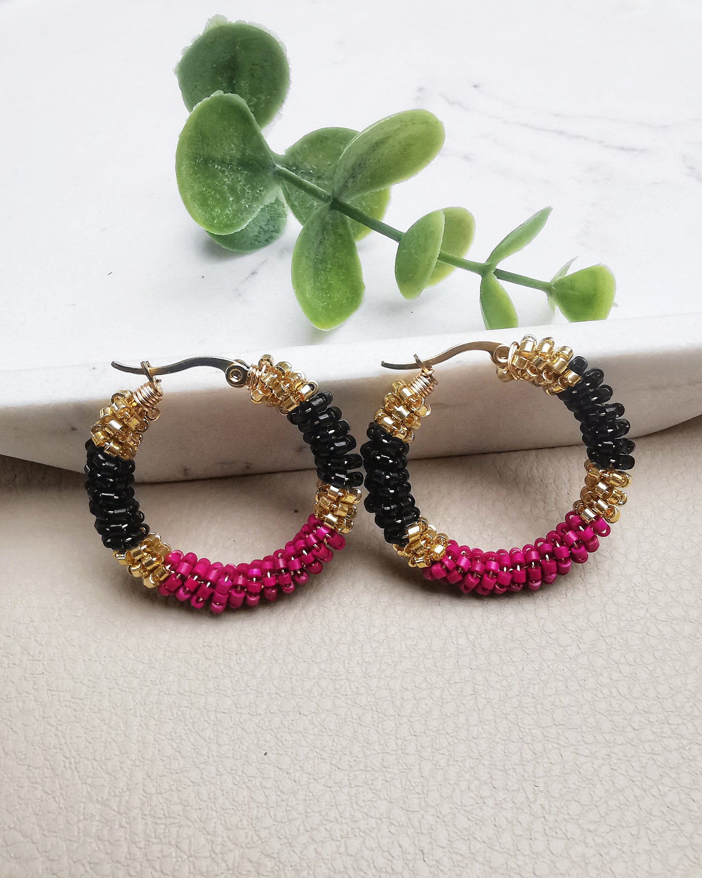 Hand-Wrapped Seed Bead Hoop Earrings Black and Red Wine