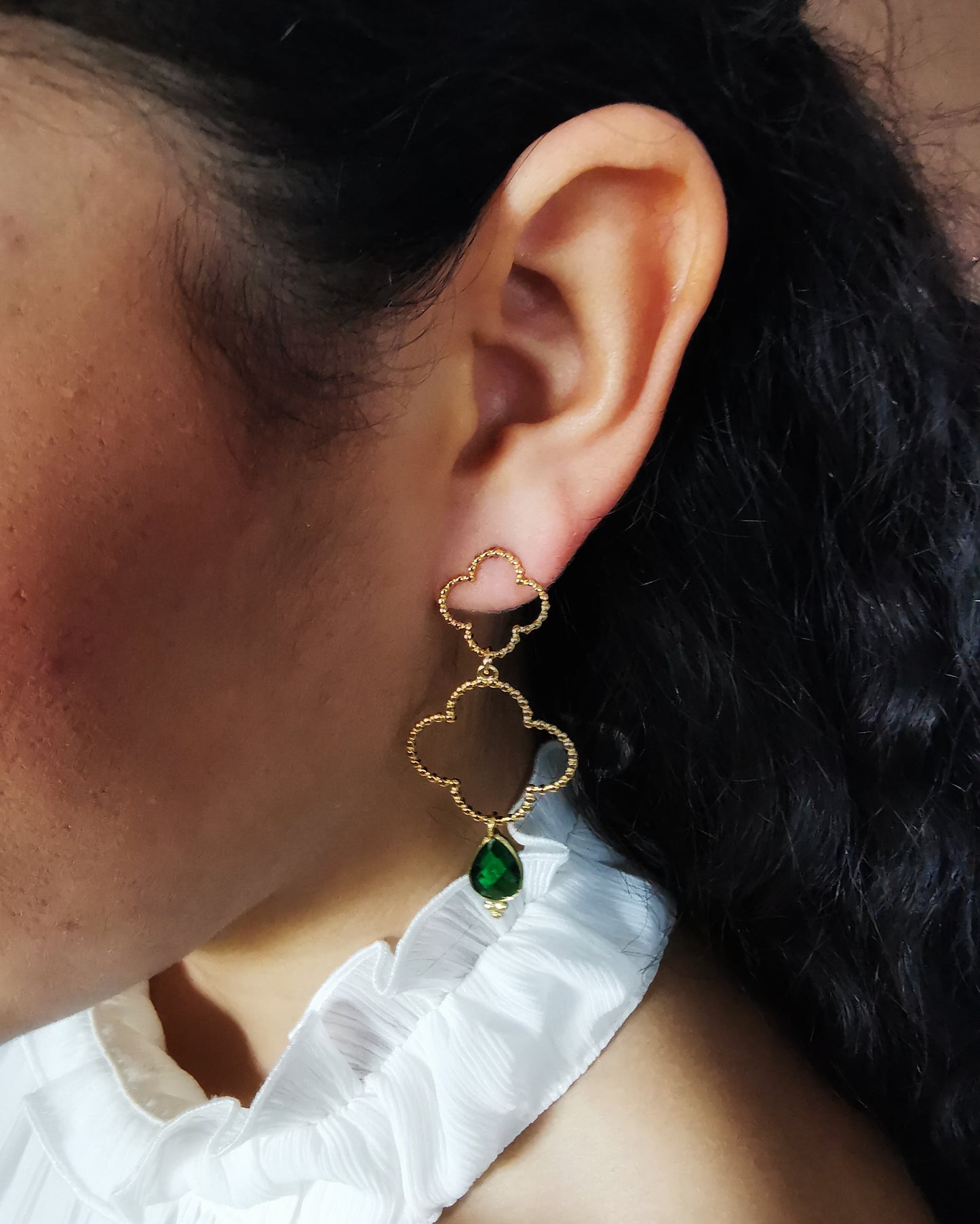 Long Drop Emerald Quartz Clover Earrings