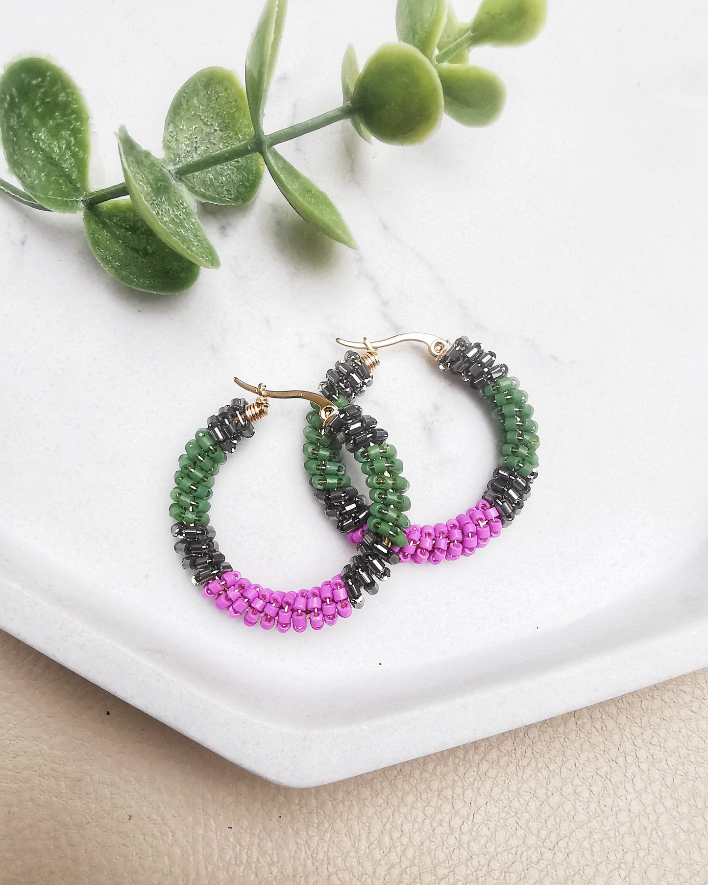 Hand-Wrapped Seed Bead Hoop Earrings Green and Purple.