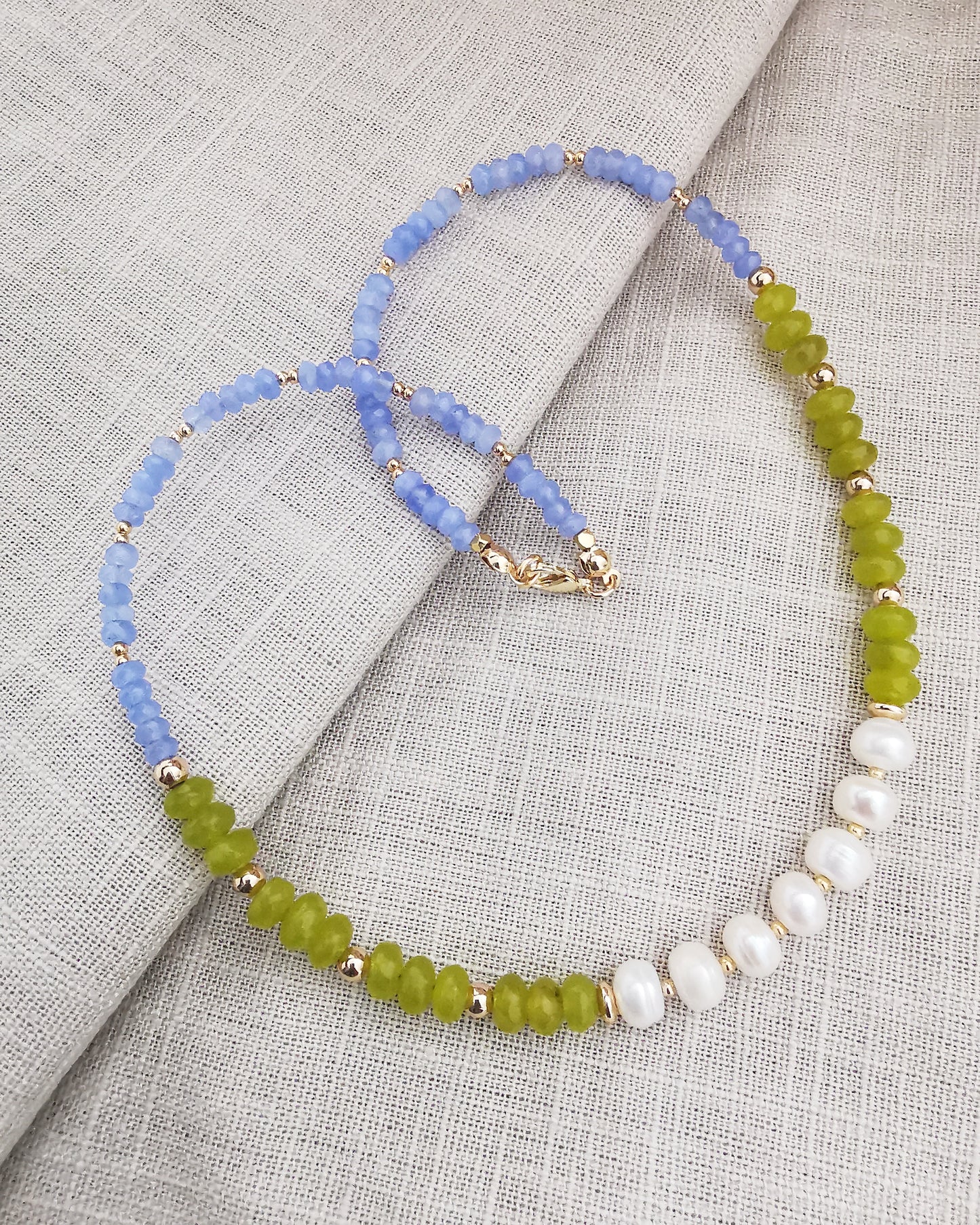 Blue Periwinkle  Chalcedony + Apple Green Jade + Freshwater Pearl Necklace.