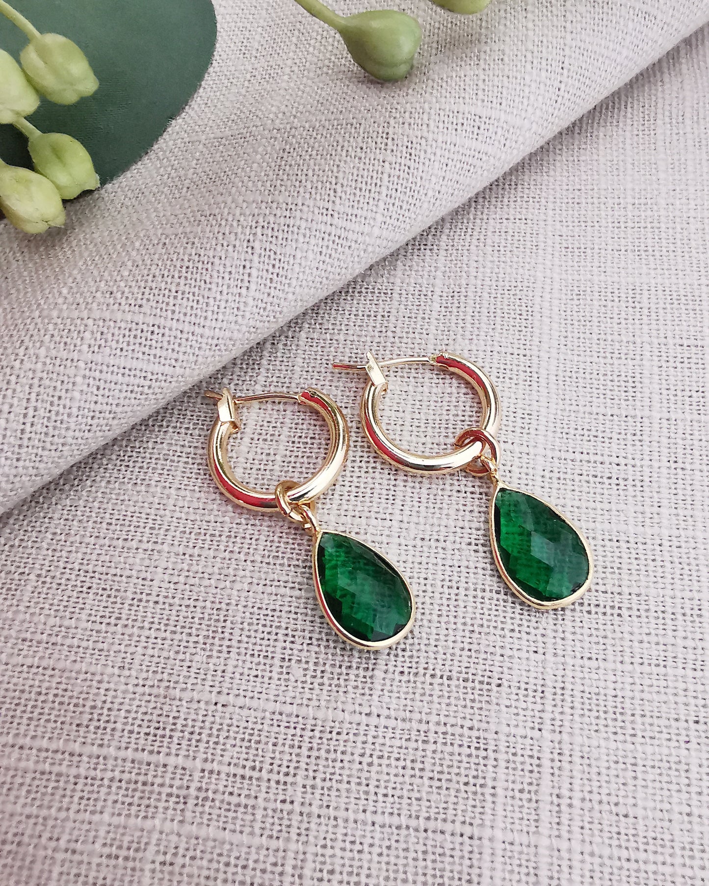 Detachable Emerald Quartz Hoop earrings -MAY BIRTHSTONE-