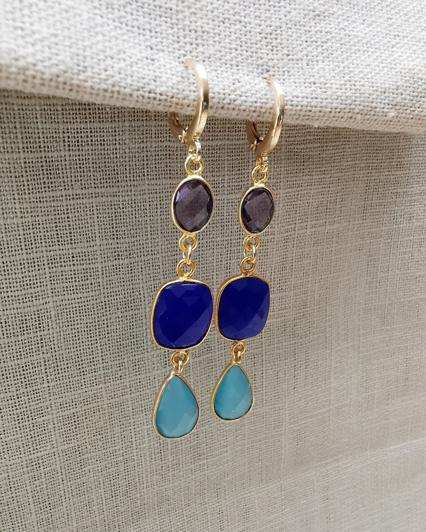 Gemstone Long Earrings Amethyst + Blue ultramarine Chalcedony + Light Blue Monalisa stone.