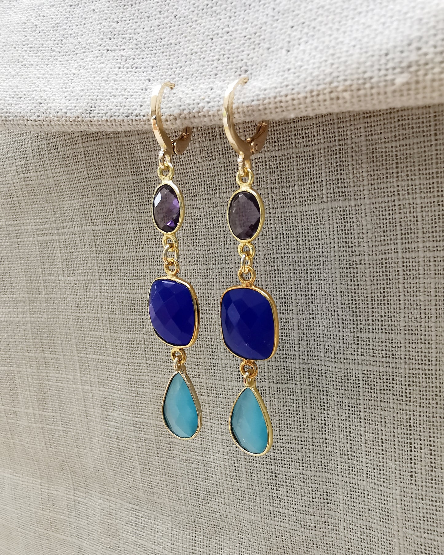 Gemstone Long Earrings Amethyst + Blue ultramarine Chalcedony + Light Blue Monalisa stone.