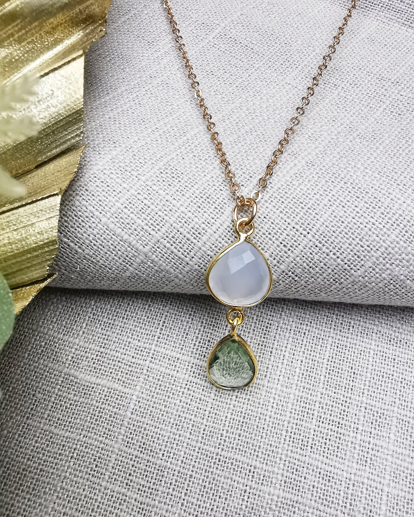 White Chalcedony + Green Amethyst Pendant Necklace.