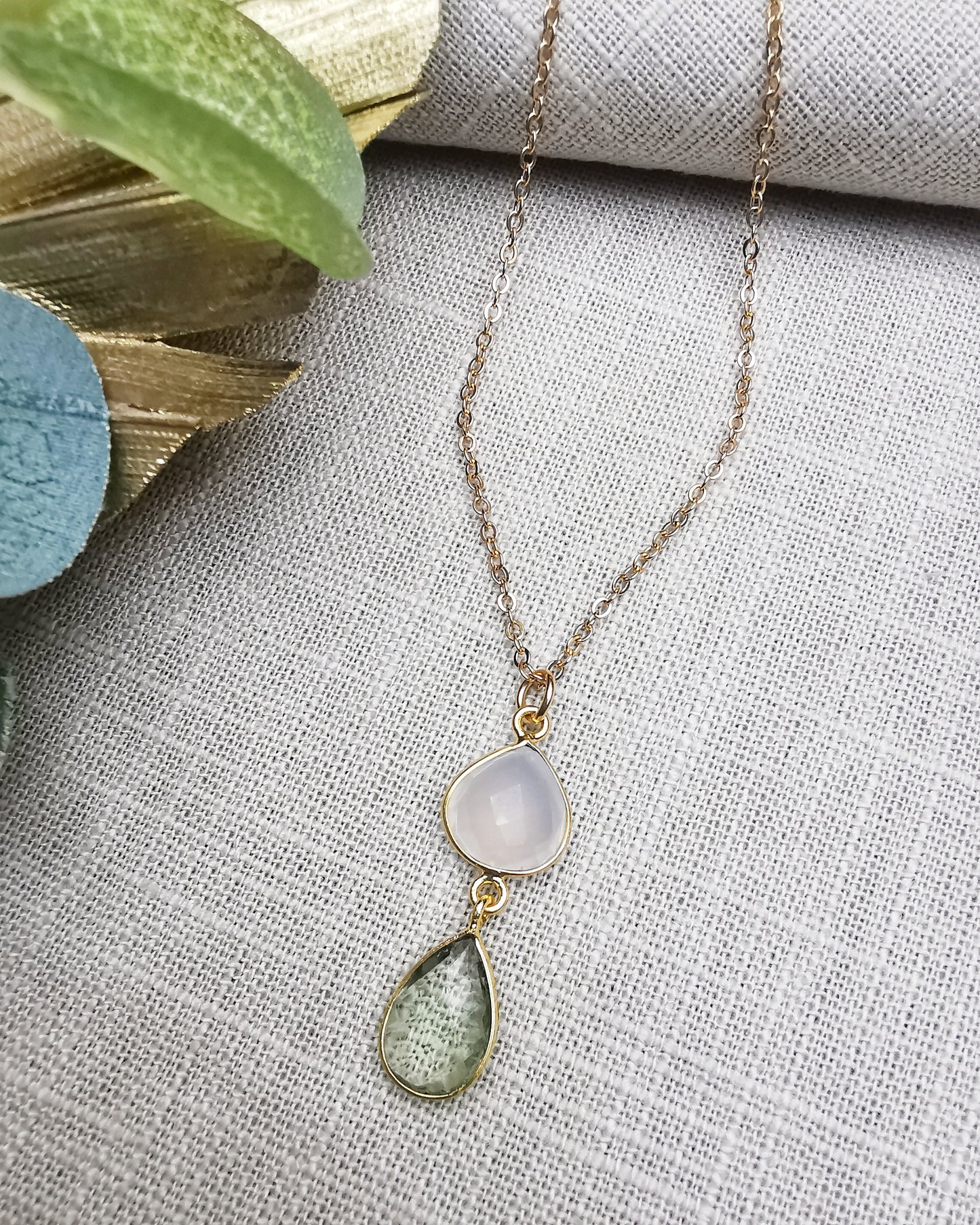 White Chalcedony + Green Amethyst Pendant Necklace.