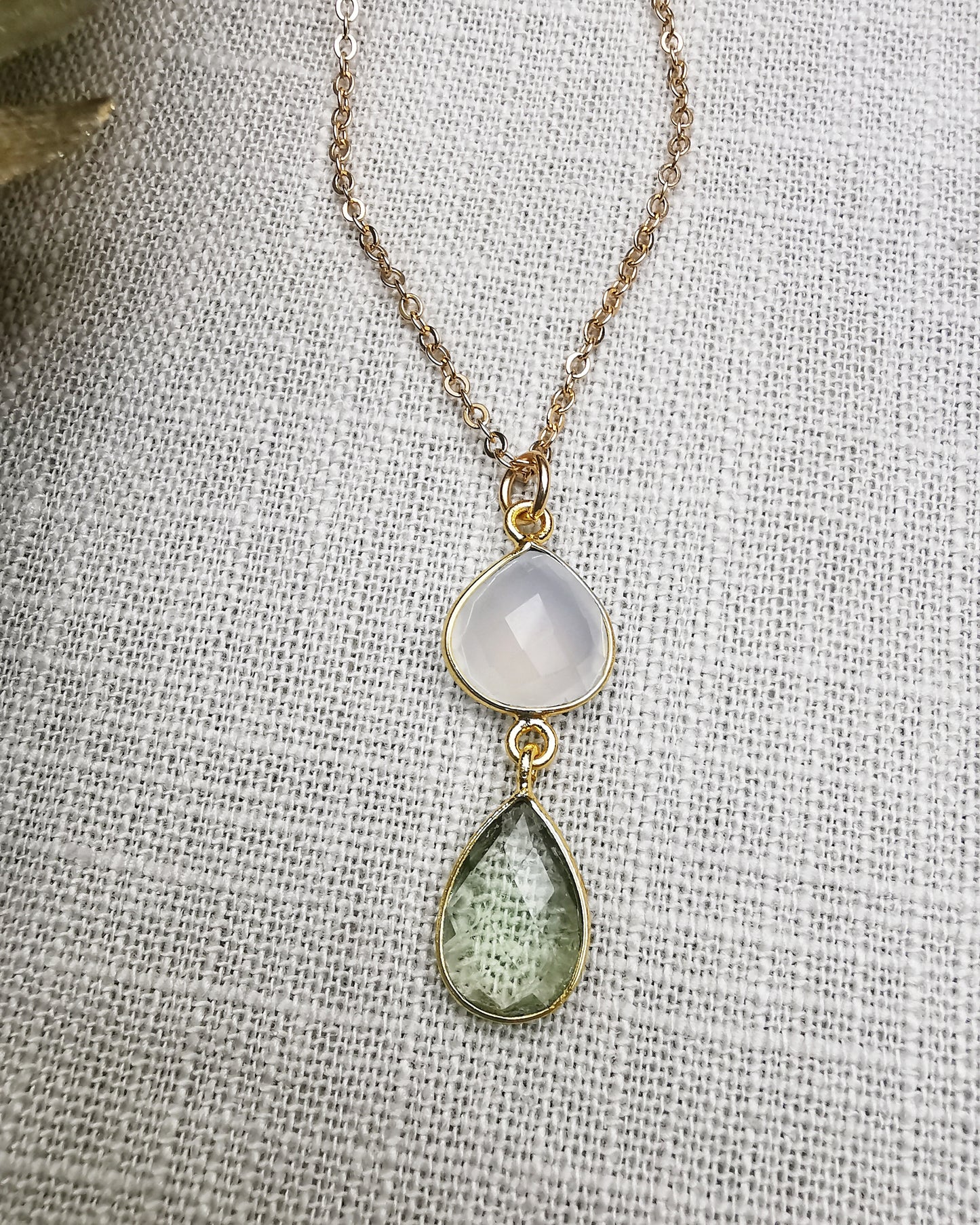 White Chalcedony + Green Amethyst Pendant Necklace.