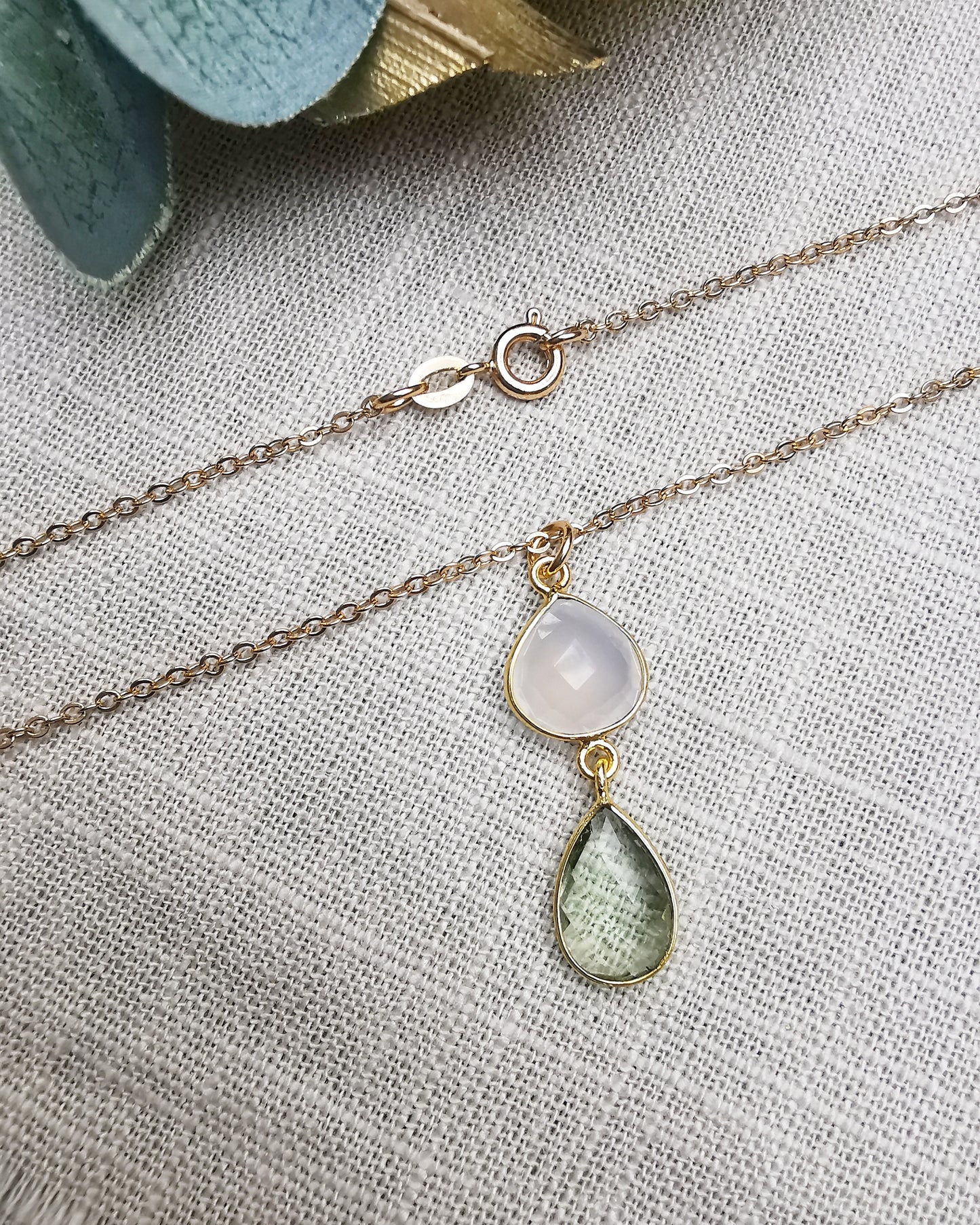 White Chalcedony + Green Amethyst Pendant Necklace.