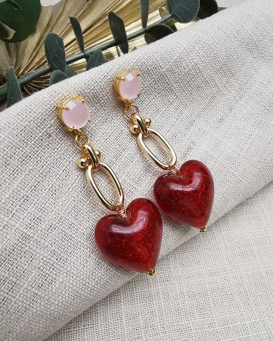Red Heart Long Drop Statement Earrings with Pink Chalcedony