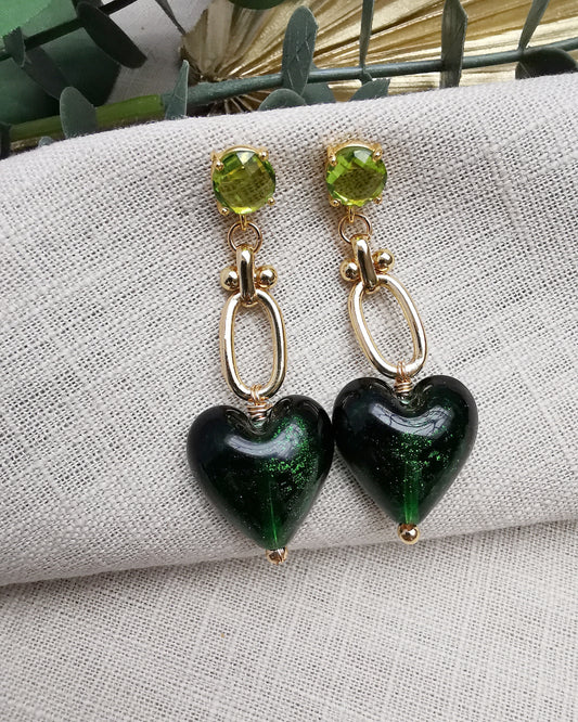 Green Heart Long Drop Statement Earrings with Peridots