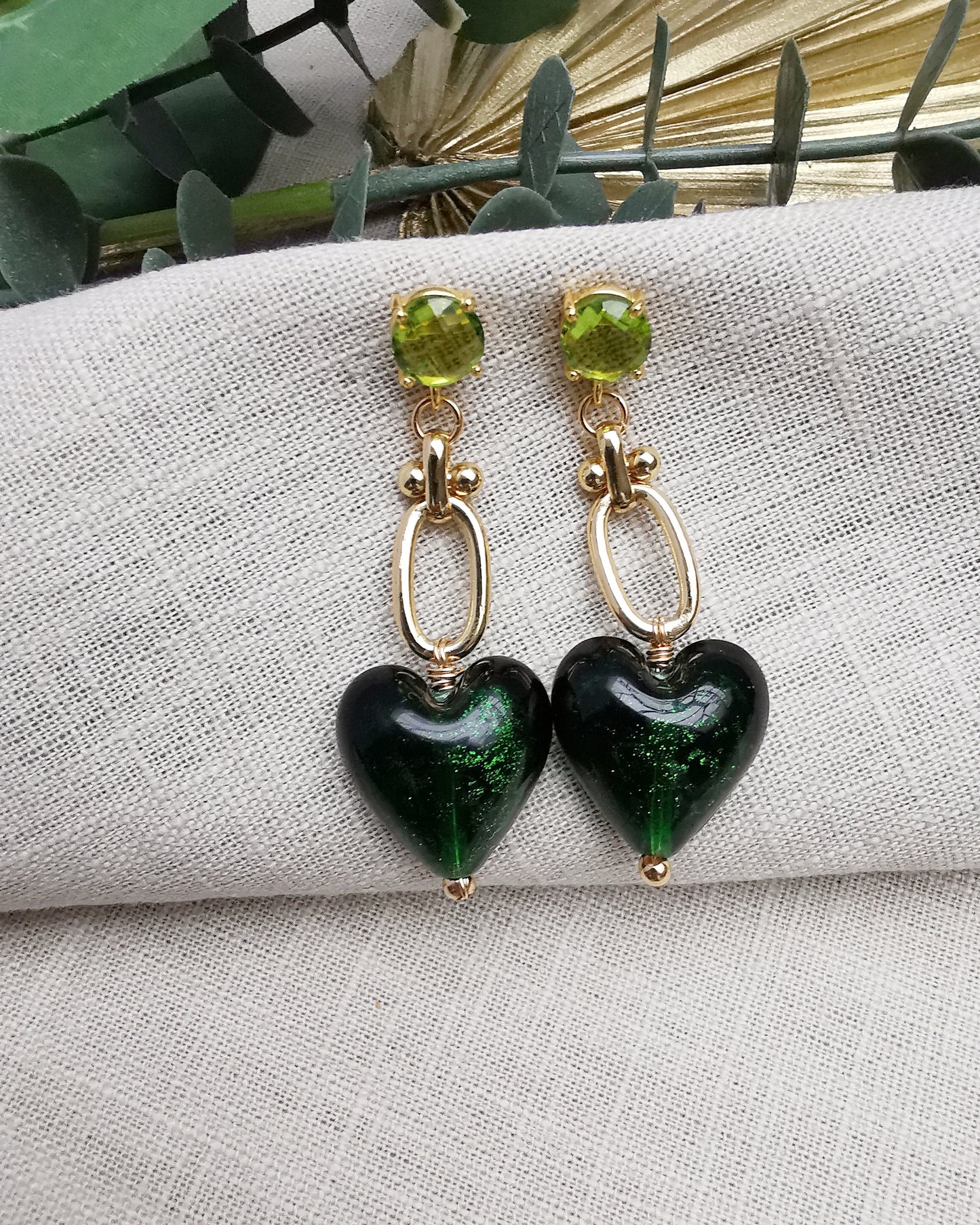 Green Heart Long Drop Statement Earrings with Peridots