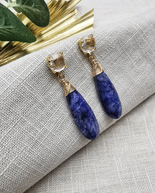 Sapphire Teardrop with Peruvian Clear Quartz Stud Earrings - LIMITED EDITION