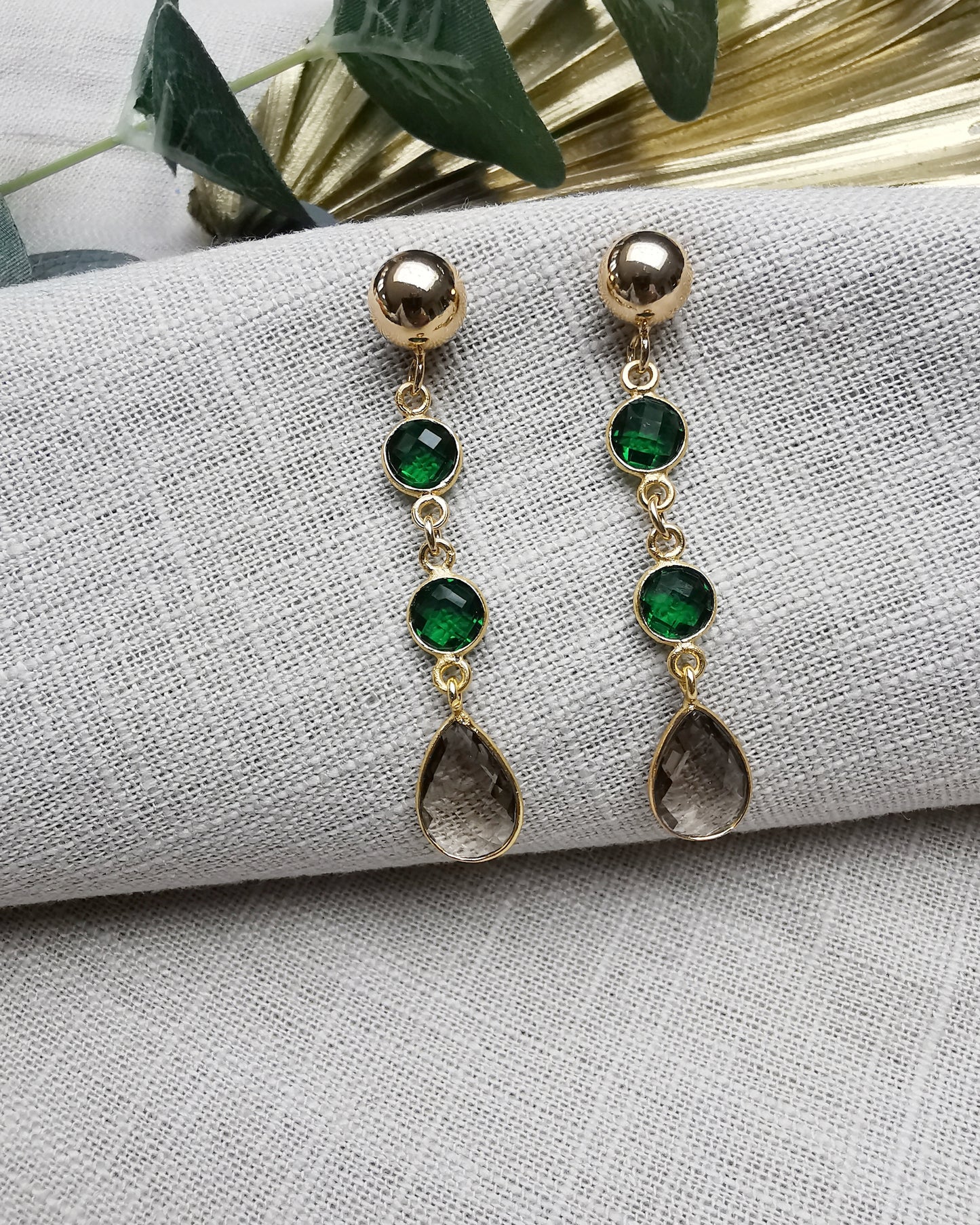 Emerald Quartz + Smokey Quartz Stud Earrings