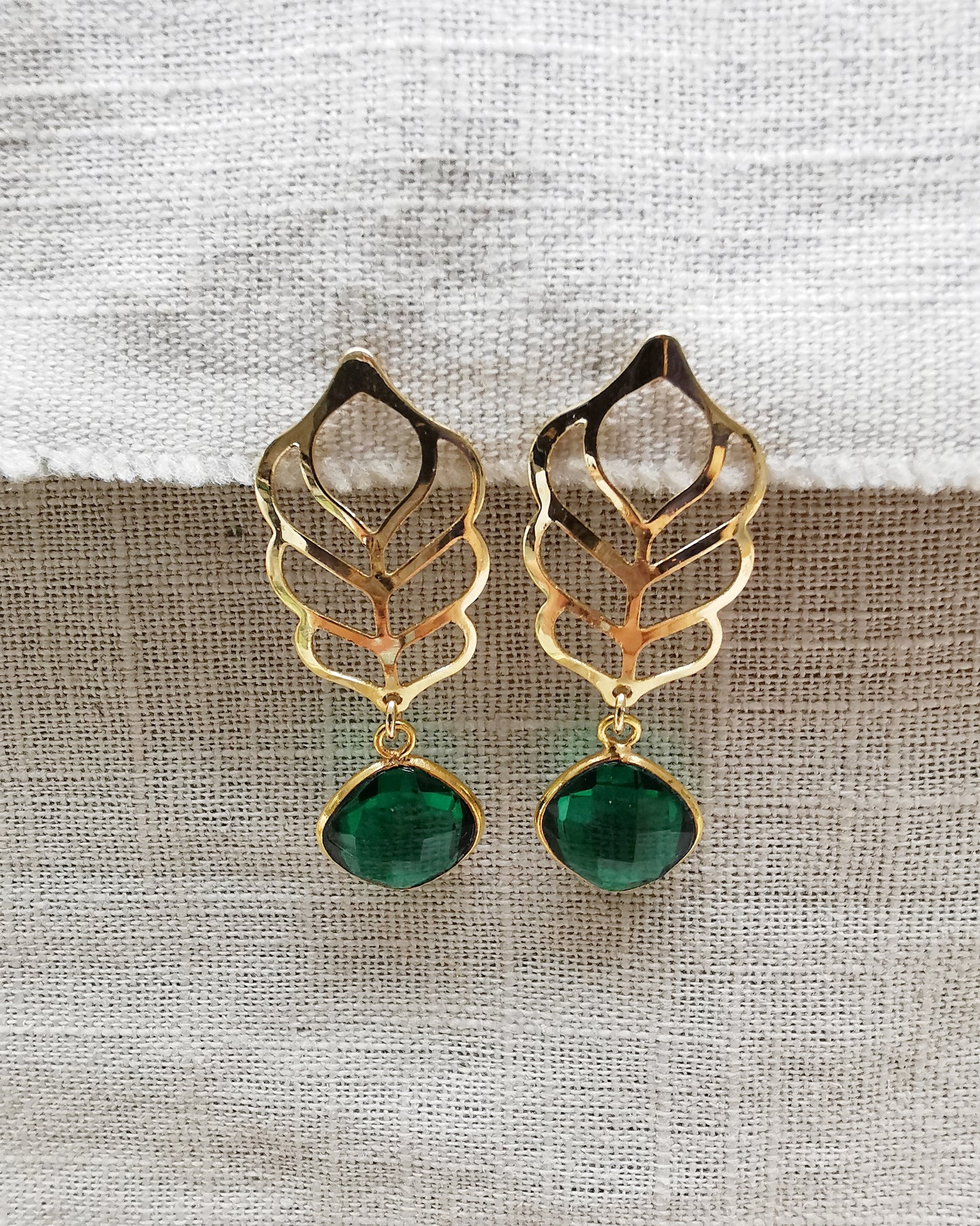 Feather stud Earrings with Emerald Quartz.